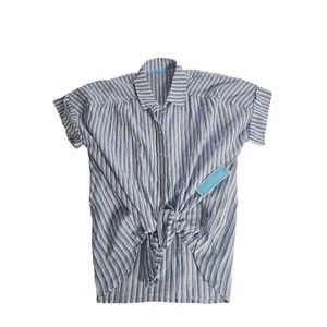 NWT Draper James RSVP Blue White Striped Button Up Linen Cotton Top Sz Med